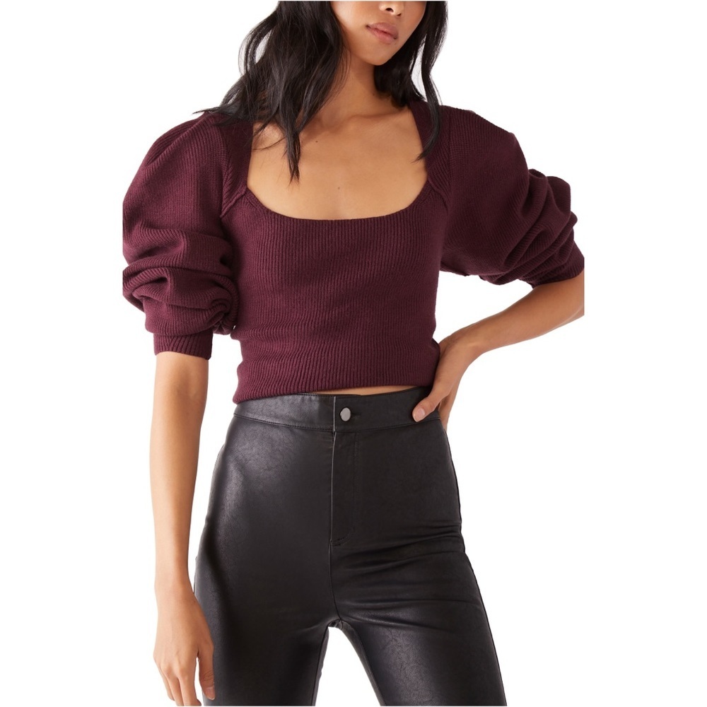 Free People Saffron Puff Sleeve Open back knit Top  sweater S